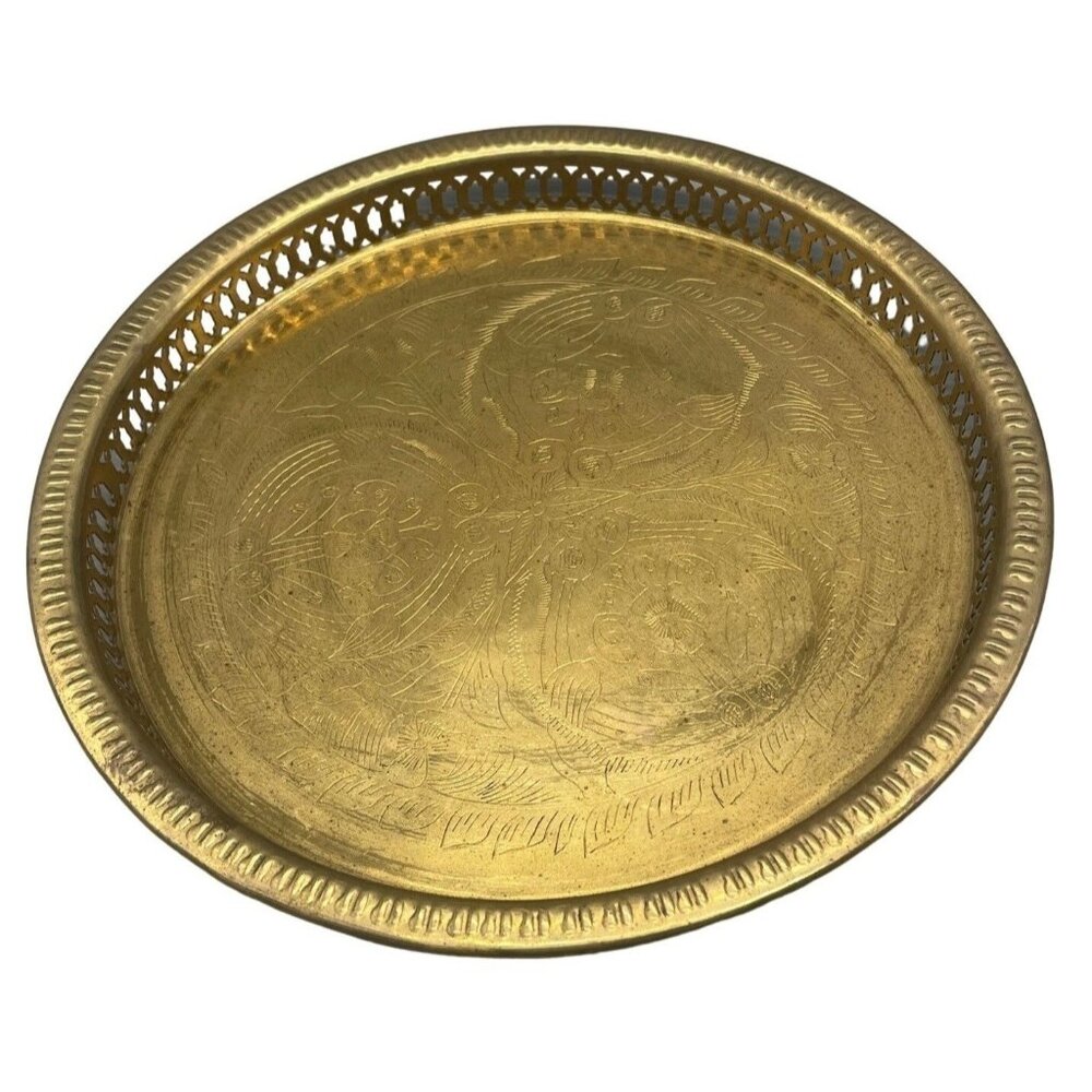 vintage handcrafted repousse work Metal serving tray plate collector READ